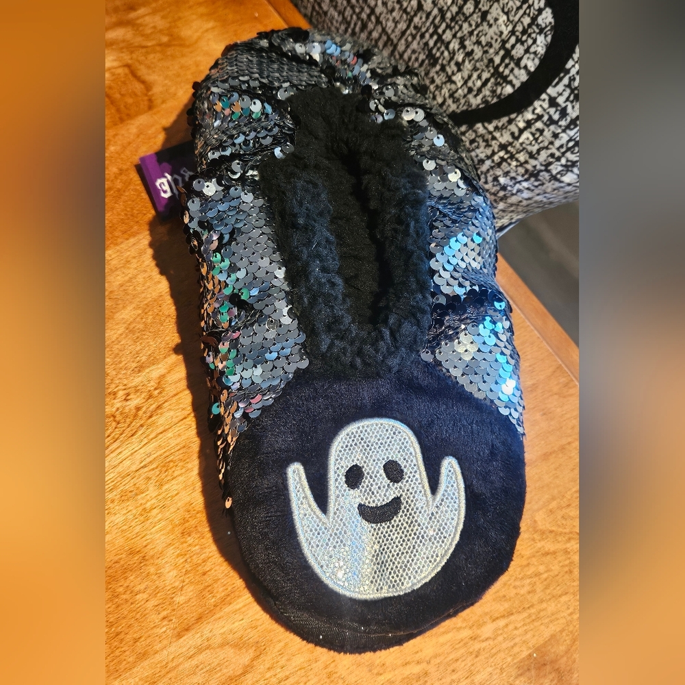 Summerween Sequin Sparkle GHOST Slippers Halloween Cozy Soft Large/XL 9-11 Women